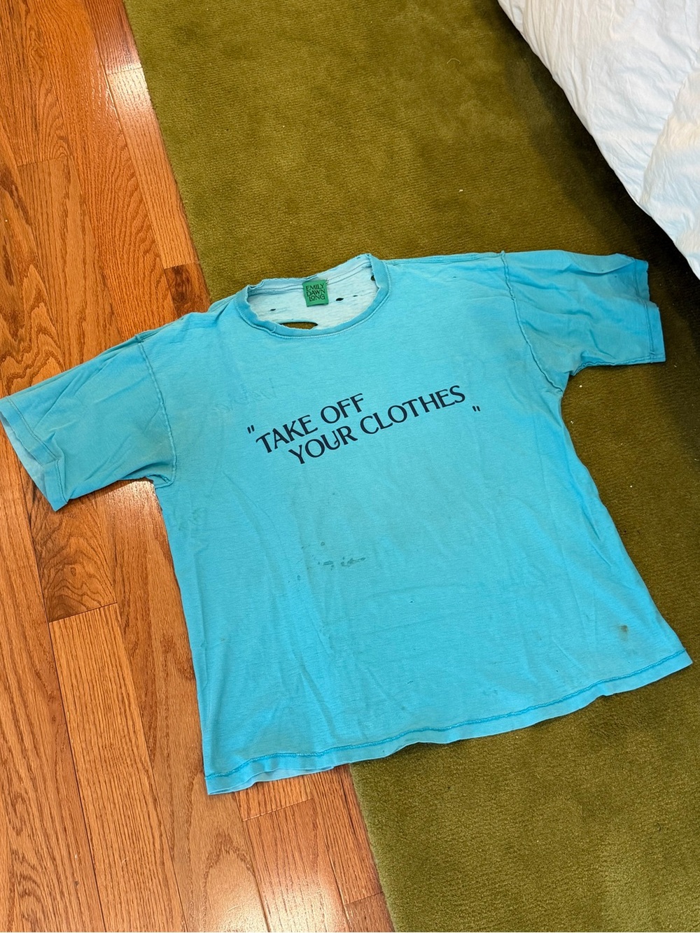 Emily Dawn Long "Take Off Your Clothes" Vintage T-shirt - Teal Blue - Picture 3 of 6